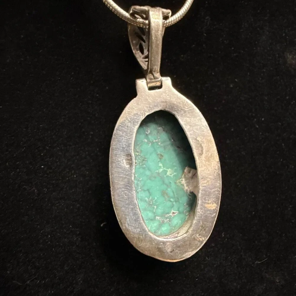 Sterling Silver Spiderweb Turquoise Pendant Large Oval Blue Stone Statement 12.6